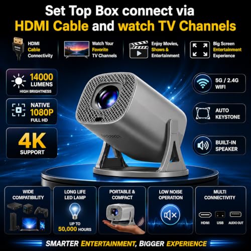 Image of Reysol Projector | Native 1080P | 4K Support | Android 14 | WiFi 6 | Miracast | 270 Rotatable | Auto Keystone | Bright 14000 Lumens (Speaker /Remote Controller) Portable Projector (Grey Colour)
