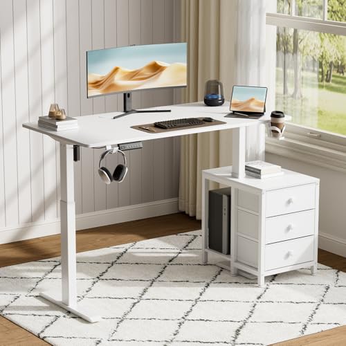 Image of REAHOME Electric Standing Desk with Drawers, 55 x 24 Inches Height Adjustable Sit Stand Desk with Storage, 3 Memory Preset Home Office Computer Desk, Printer Cabinet, 2 Hooks, Cable Management, White