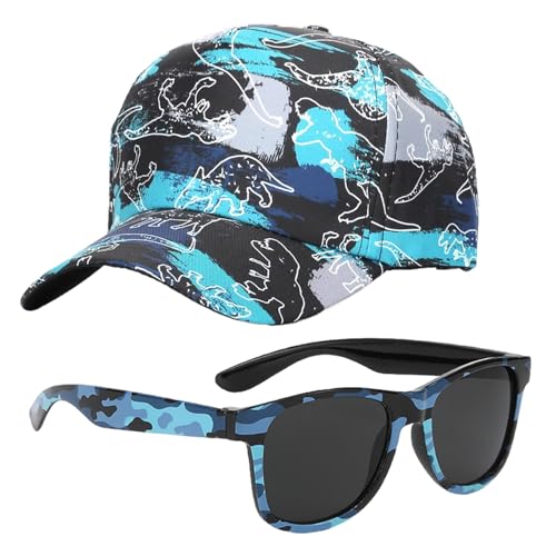 Casquette Garçon + Lunettes de Soleil Enfant + Motif Dinosaure + Réglable 54cm + Été Protection UV