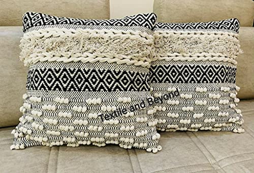 Image of Cushion - Boho Handloom Cotton Throw Cushion Covers Set of 5, 16X16 inches - Decorative Pillow Cases Sofa, Couch, Chair, Kitchen, Bedroom, Room,