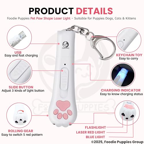 Image of Foodie Puppies Paw Shape USB Laser Pointer Cat Teasing Toy with 5 Adjustable Patterns I Pet Chaser Tease Laser Light with Keyring for Cats, Kitten, Puppies & Dogs I Fun Exercise & Training Toy