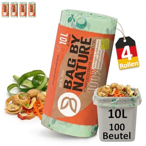 BIOvative Biomülltüten 10L mit Henkel: 100 kompostierbare Biomüllbeutel für 10-15L Mülleimer Küchenabfälle & Biotonne | DINplus & EN13432 | reißfeste Biomüllsäcke aus Maisstärke | Made in Germany