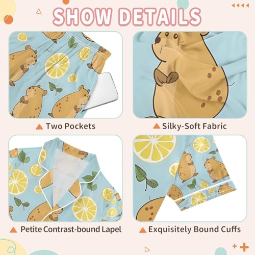 senya Cute Capybara and Lemon Satin Summer Pajama Sets Silk Short Sleeve Button Down Sleepwear3