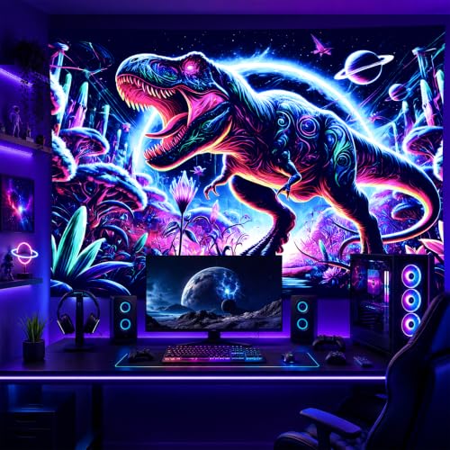 Image of BlissYard Blacklight Tapestry Dinosaur Decor 78x59 Inch Neon T Rex Glow in Dark Backdrop Blacklight Tapestry Psychedelic Jungle Scene for Bedroom Wall Hanging Party Room Fantasy Beast Art