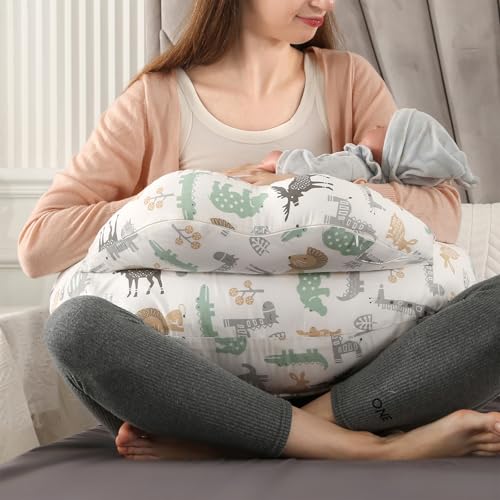 VASSVIO Nursing Pillow, Maternity Breastfeeding Pillow for Mom, Removable Cotton Cover, Adjustable Waist Strap and Safety Fence, Animal Pattern