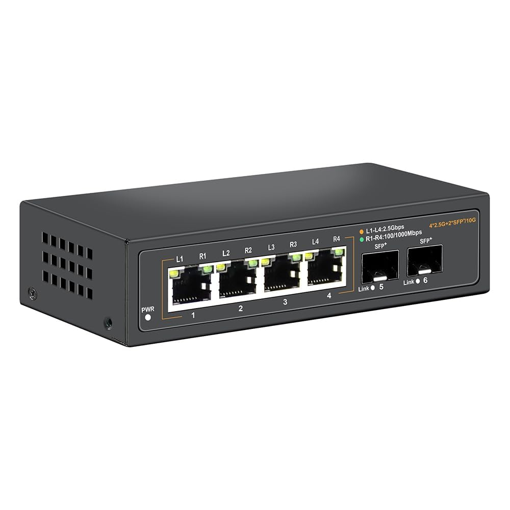 Switch Ethernet non gestito Davuaz 2.5G con 4 porte 2.5G Base-T e 2 porte 10G SFP Uplink, compatibile con 100/1000/2500Mbps, design senza ventole, Plug & Play, switch di rete 2.5Gb in metallo
