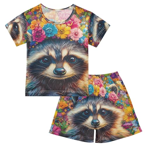 Raccoon Flowers Floral Summer Short Pajamas Set 2 Piece Cotton Sleepwear, 5-14 Years