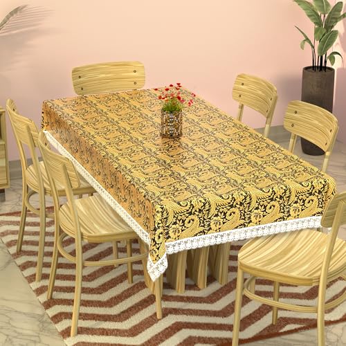 Image of Kuber Industries 60x90 Inches Retangular Waterproof 6 Seater Dining Table Cover with Wavy Border | Easy to Clean Table Protector Cover for Home & Office | Multi Floral - Black Golden