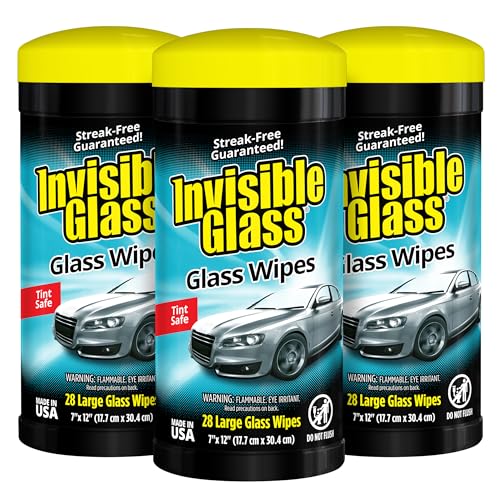 Image of Invisible Glass 90166-3PK Large Glass Cleaning Wipes for Streak-Free Windows, Mirrors, and Glass, Lint-Free, Ammonia-Free, Tint-Safe, for Home and Auto, Canister, 28 Count (Pack of 3)