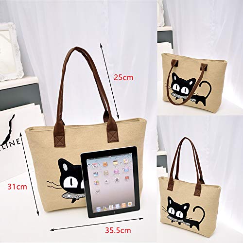 MINGZE Frauen Schulter Beutel, Segeltuch Tasche Maedchen Niedliche Katze fressen Fische Einkaufstaschen Handtaschen Strand Taschen Handtaschen (Schwarz grau)