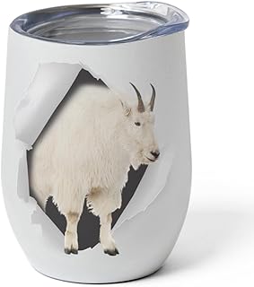 Funny White Mountain Goat Peeking Through Wine Tumbler 12oz - Stainless Steel With Lid - Animal Face Portrait Design - Gifts for Goat Lovers