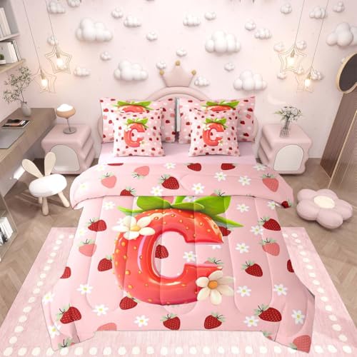 Image of Feelyou Girls Pink Red Strawberry Comforter Set with Sheets 7 Piece Queen Size Initial Letter C Bed in a Bag Kids Princess Strawberry Bedding Set Bedroom Decor Breathable Soft Lightweight Microfiber