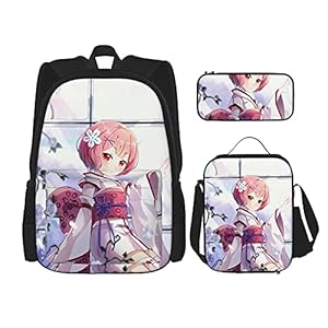 Re Zero Rem and Ram Anime Rugzak 3-delige set, rugzak + etui + lunchtas combinatie Geschikt voor mannen, vrouwen en…