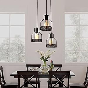 UNITARY Farmhouse Pendant Lights Kitchen Island Kitchen Light Fixtures Rustic Dining Room Light Fixture with 3 E26 Bulb Sockets Black Metal Cage Ceiling Pendant Light Fixtures Hanging Lights