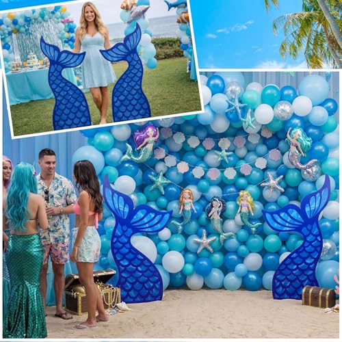 Image of DoubleFill 2 Pcs 4 Feet Mermaid Tail Cardboard Cutout Standup Lift Size Under the Sea Ocean Mermaid Theme Party Decorations Backdrop Fish Stand up Aqua Animal Photo Props Back Drops for Party Decor