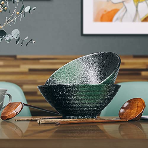 Juego de 2 cuencos de ramen de cerámica - Tazones de fideos de porcelana para pasta, sopas, ensaladas, aperitivos, cereales con cucharas y palillos, 1000 ml