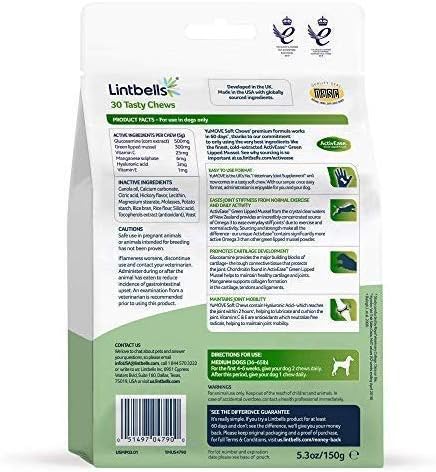 Dog Joint Supplement Chews for Medium Dogs with Glucosamine HCI, Hyaluronic Acid, andGreen Lipped Mu0ssel and Omegas, Natural Relief of Dog Hip Ache, Joint Soreness and Stiff Joints, YuMOVE - 30 Chews