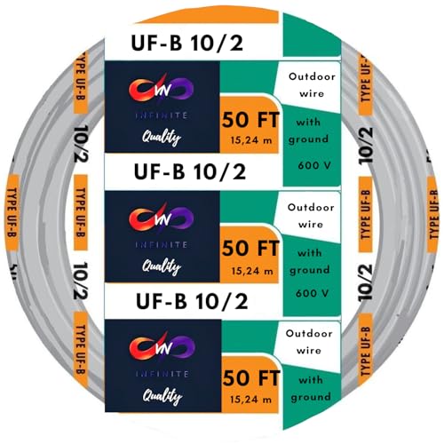 VN Infinite quality 10/2 UF-B Wire 10 Gauge Outdoor Direct Burial Electrical Underground Cable 10AWG 2 Connector Insulated Jacket Gray (50 FT)