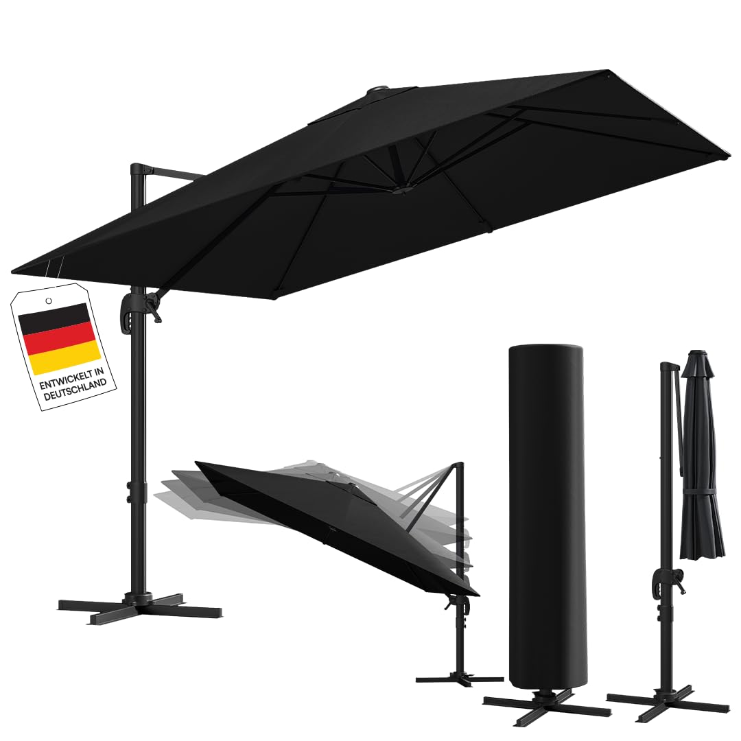 STEELSØN Elaris Premium Sonnenschirm rechteckig 300x300 cm – Ampelschirm inkl. Schutzhülle – Gartenschirm neigbar & 360° drehbar – Sonnenschutz UV50+ wetterfest – robustes Aluminium Gestell - schwarz