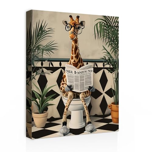 Galmcook Badezimmer Wandbild Leinwandbild mit Rahmen Lustige Giraffe auf Toilette – Humorvolles Kunstdruck Dekobild für Bad, Gäste WC oder Toilette Wanddeko mit Haken und spurlosen Nägeln 30x40 cm