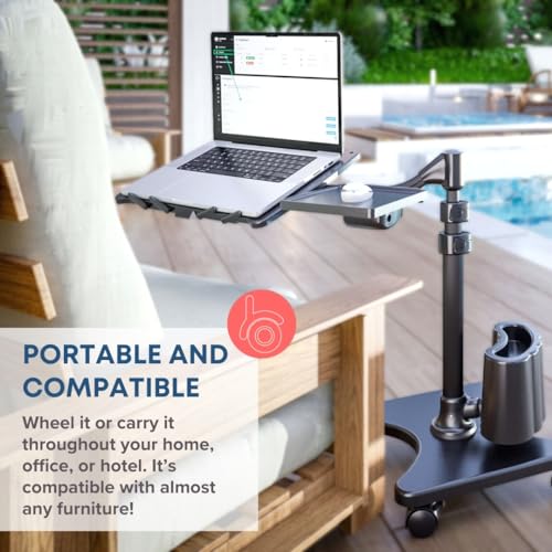 Image of LEVO G2 Deluxe Adjustable Rolling Laptop Stand | White and Silver, rolling laptop desk, adjustable height, tilting tray, floor stand
