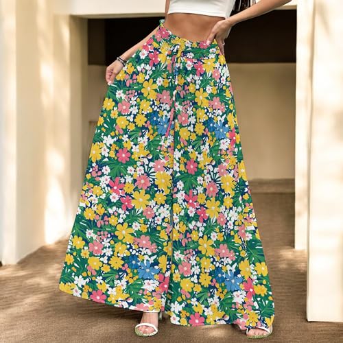 LOAIHA Womens Casual Boho High Waist Wide Leg Pants Loose Flowy Summer Adjustable Drawstring Wide Leg Pants with Pockets4