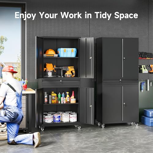 Image of Metal Garage Storage Cabinet with Wheels and Drawer,73 inch Tall Black Rolling Garage Cabinet with Locking Doors and Adjustable Shelves,Mobile Metal Storage Cabinets on Wheels for Home,Office,Garages,Tool