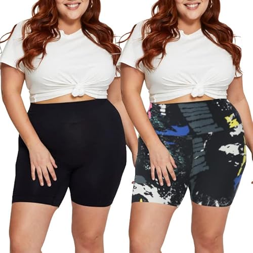 TNNZEET 2er-Pack Bikershorts in Übergröße, hohe Taille, 20,3 cm - butterweiche, schwarze Yoga-Shorts (2X, 3X, 4X), Schwarz/Artist Splash, 3X-Groß Cover