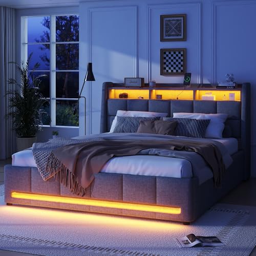 Cama Tapizada con Cajones Espacio Cama Doble Cabecero con Compartimento de Almacenamiento Incorporado Enchufes y USB Cama Juvenil Luz LED con Mando a Distancia App Cama Invitados Ropa Gris 160x200