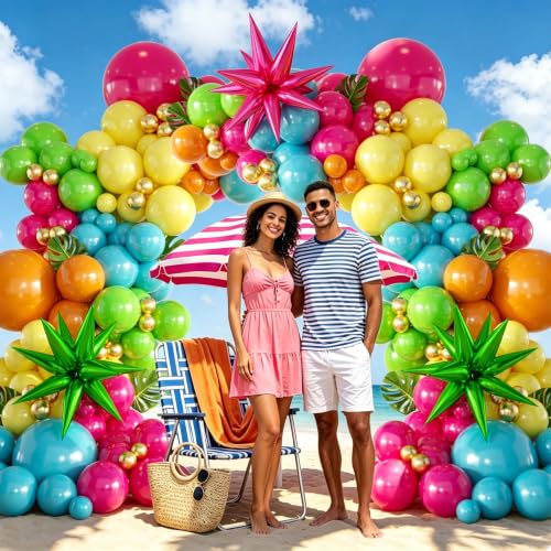 Image of 157PCS Flamingo Tropical Luau Balloons Arch Garland Kit, Olive Green Hot Pink Orange Blue Yelloow Gold Balloons with Foil Star Balloons for Summer Beach Aloha Pool Party Decorations Supplies