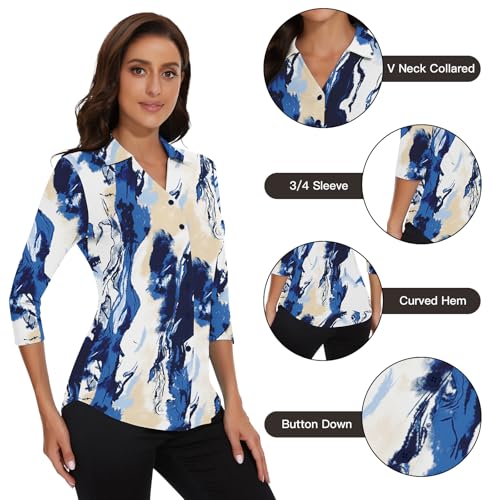 Image of Soneven Womens Golf Polo Shirts 3 /4 Long Sleeve V Neck Button Down Shirts Business Causal Work Blouses Tops