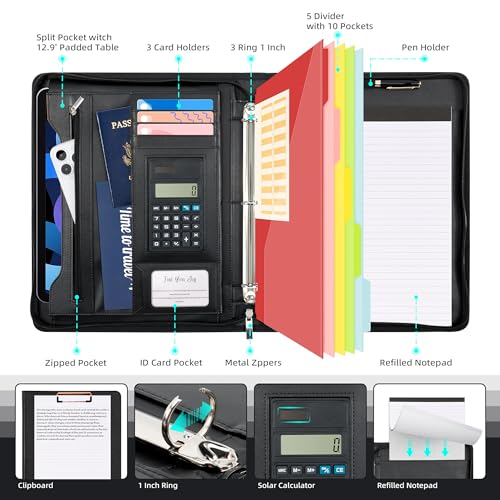 Image of Ospelelf Zippered Padfolio Portfolio Folder, Leather Clipboard with Storage, 3 Ring Binder 1 Inch,12.1 inch Tablet Sleeve, 5 Dividers with Pocket, Refillable Notepad, Card Slot (Classic Black)