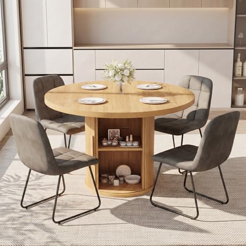 Image of 5-Piece Dining Set for Small Spaces 43.3 inch Round Table & 4 PU Leather Chairs, Modern Farmhouse with Storage Shelf, Apartment Kitchen Easy Assembly (Natural Color Round Table + 4 U-Shaped Gray Chairs)