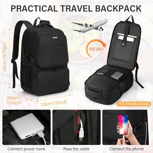 Lunch Backpack for Men, 17.3 Inch Laptop Backpack with USB Charging Port Waterproof Work Backpack with Insulated Lunch Bag for College School Business, Black — view 2