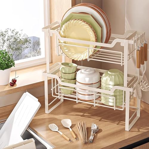 Abtropfgestell für die Spüle, Karbonstahl, Küchenorganizer mit Ablaufschale und 5 Haken, platzsparender Caddy für Küche und Bad