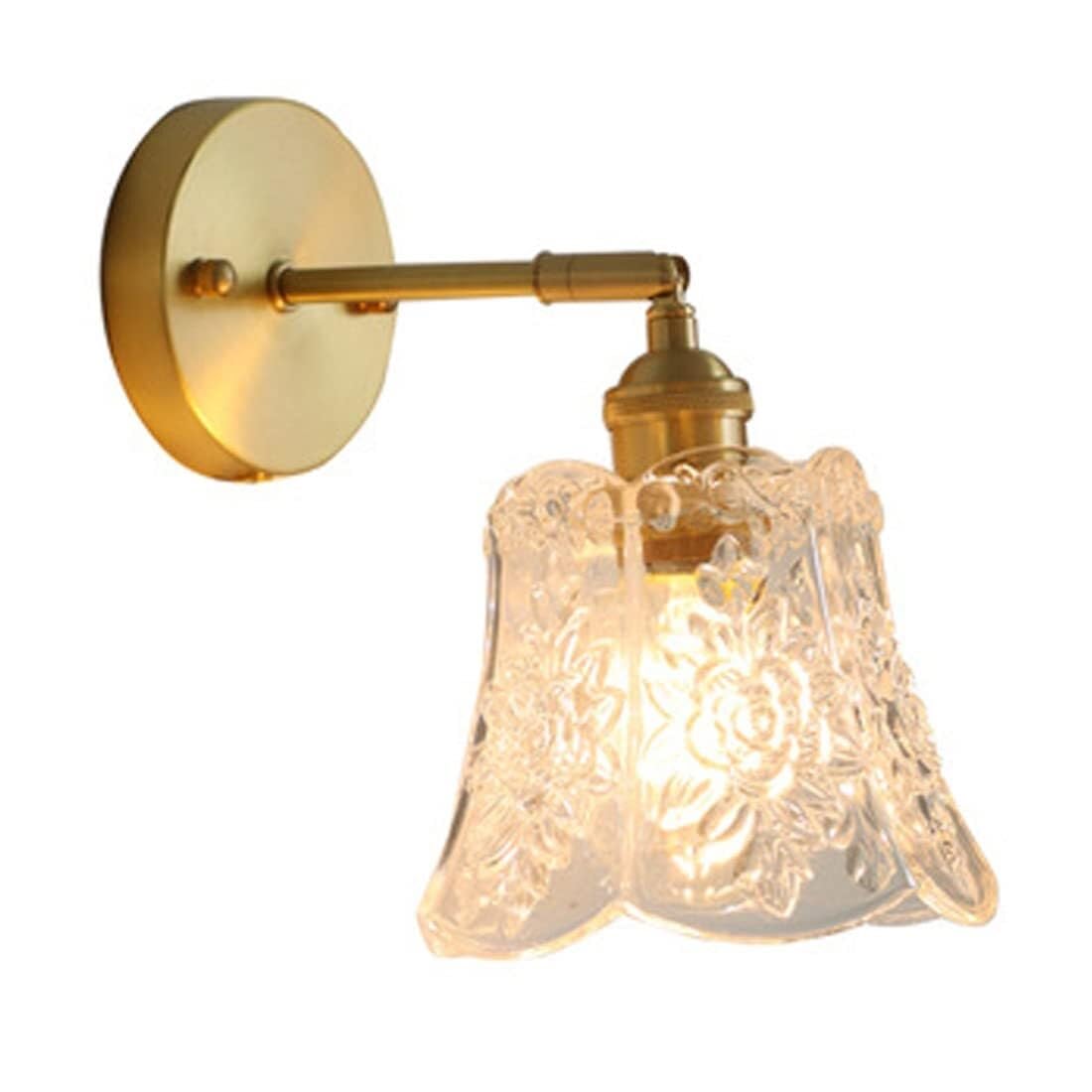 TCHAUSGZUS Vintage Glass Wall Sconces Gold, Carved Flower Brass Wall Mount Light Fixture for Bathroom Bedroom Kitchen