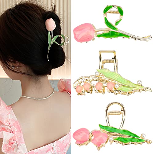 Flower Hair Clips Tulip Flower Large Hair Claw Clips For Women Girls 90S Non Slip Strong Hold Metal Jaw Clips Hair Barrettes Hair Clamps For Thick Thin Curly Hair (3 Pcs, Pink) #TOP23