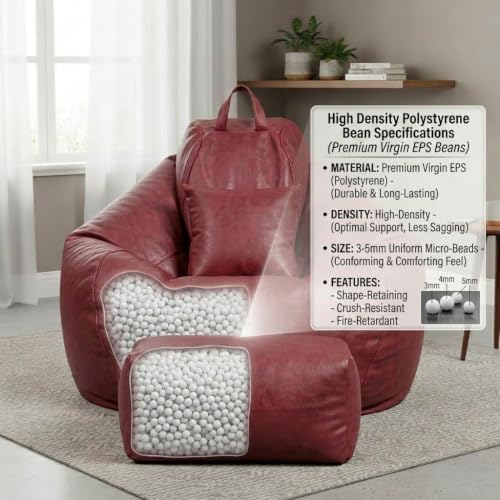 Image of KAM'S LIEU 4XL Suede Bean Bag Chair with Footrest & Cushion | Filled with High Density Polystyrene Beans | Premium Soft Fabric | Teardrop Design with Handle | Ready to Use Color- (Maroon, Bean Bag)