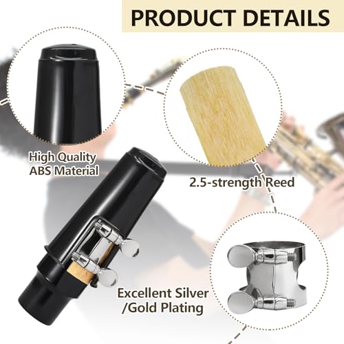 Jersvimc 2Pcs Clarinet Mouthpiece Kit - Silver, Saxophone Mouthpiece with Ligature Clarinet Reed for Music Instrument - Thumbnail 7
