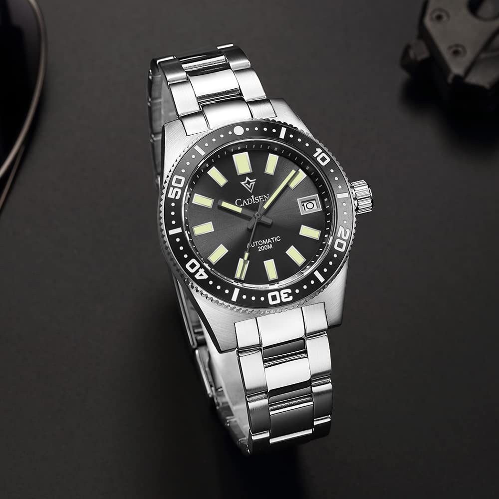RollsTimi CADISEN 2024 Montre Homme 20 Bar Montre de plongée Homme NH35A Montre Automatique Montre mécanique 38mm Saphir C3 Horloge Lumineuse C8207 (Le Noir)