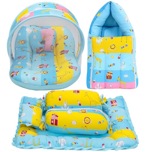 Image of Fareto Combo of Baby Bed with Net | Carry Bag | 4 Pcs Bedding Set (0-6 Months, Baby Size, Cotton) (Blue Giffi)