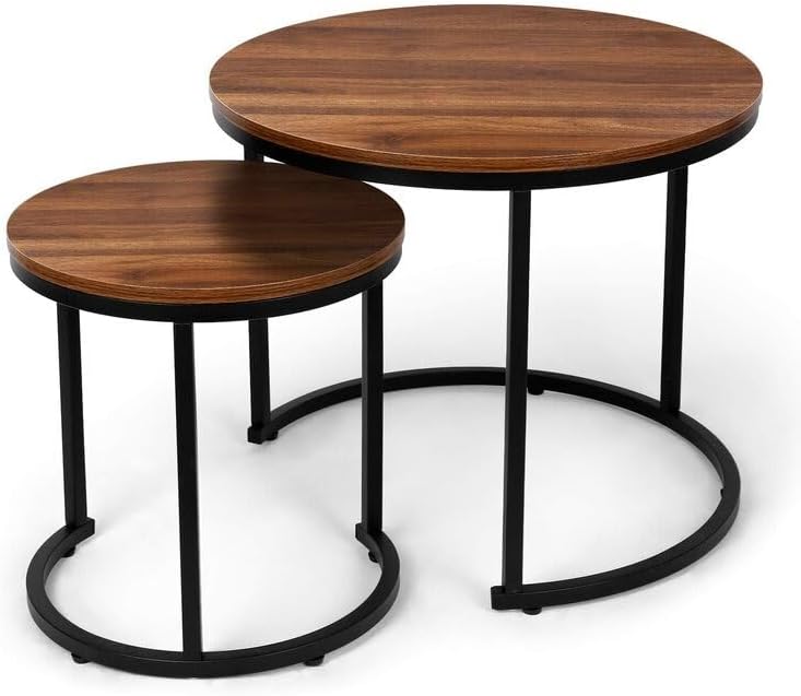 Nesting Coffee Table,Living Room Small Round Coffee Table Set of 2, Center Table with Solid Wood Grain Table Top and Sturdy Metal Frame