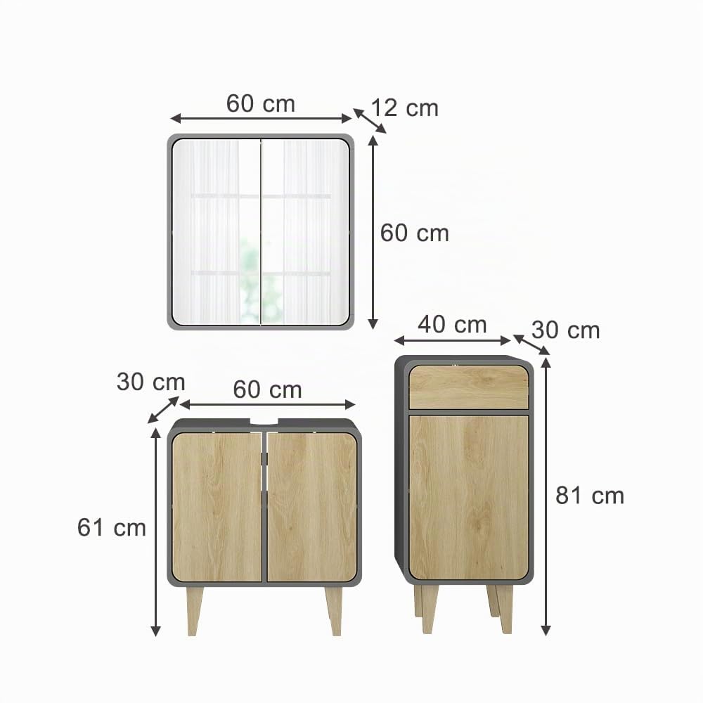 Vicco Badmöbel-Set Arla, Anthrazit/Eiche, 60 cm, besteht aus Waschbeckenunterschrank, Spiegelschrank und Midischrank