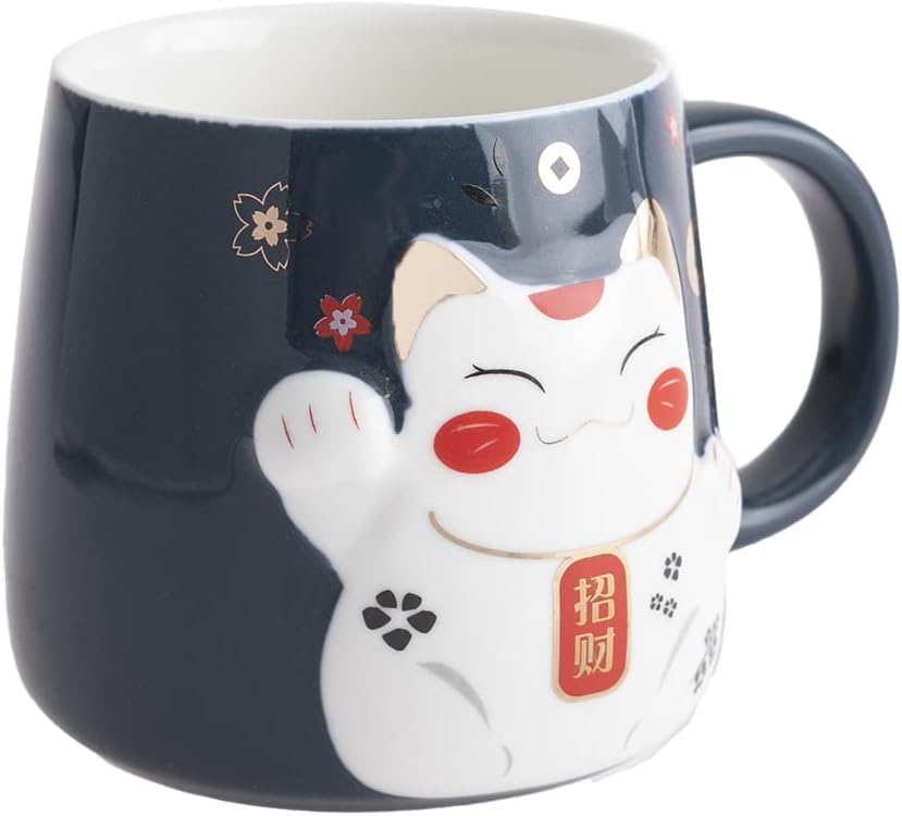 Kawaii Cat Mug Blue - Ceramic Cat Mug with Lid & Spoon - Tea Cup, Coffee Cup - Original Japanese Mug - Gift Set Japan Asia Cute Kitten