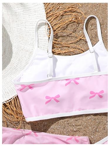 Image of MakeMeChic Girl's 3 Piece Bikini Set Bow Swimsuit Spaghetti Strap Cute Bathing Suit with Ruched Cover Up Skirt Pink A 10Y