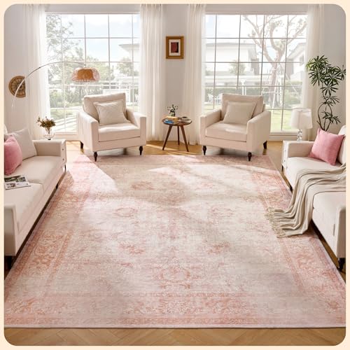 Istana Living Room Rug 10x14 - Pink 10 x 14 Area Rug - Foldable Machine Washable Area Rugs 10x14 - Stylish 10x14 Area Rugs Boho - Stain Resistant Washable Rug 10x14