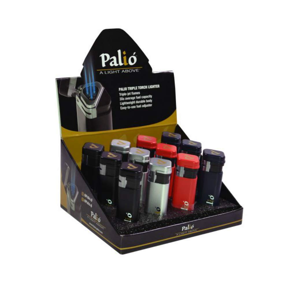 Palio Triple Jet Flame Lighters in Commercial Display Bulk Retail Box with 12 Units 3 Black 3 Red