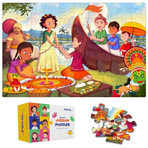 Image of Set of 2 Festive Theme Jigsaw Puzzles for Kids Age 5+ | Christmas & Onam Puzzle | 60 Pieces Each | Includes Activity Sheets | Educational Toys for Kids 5-8 Years | Unique Gift