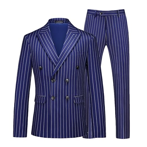 MOGU Mens Double Breasted Pinstripe Suit - 2 Piece Slim Fit Vintage Tuxedo for Groomsmen, Wedding, Prom Size XL Blue