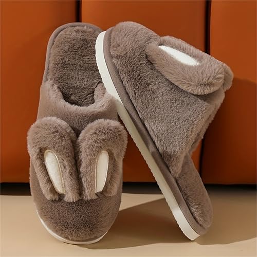 bunny ear flat bottom warm and non slip slippers Men and women's home plush cotton slippers3